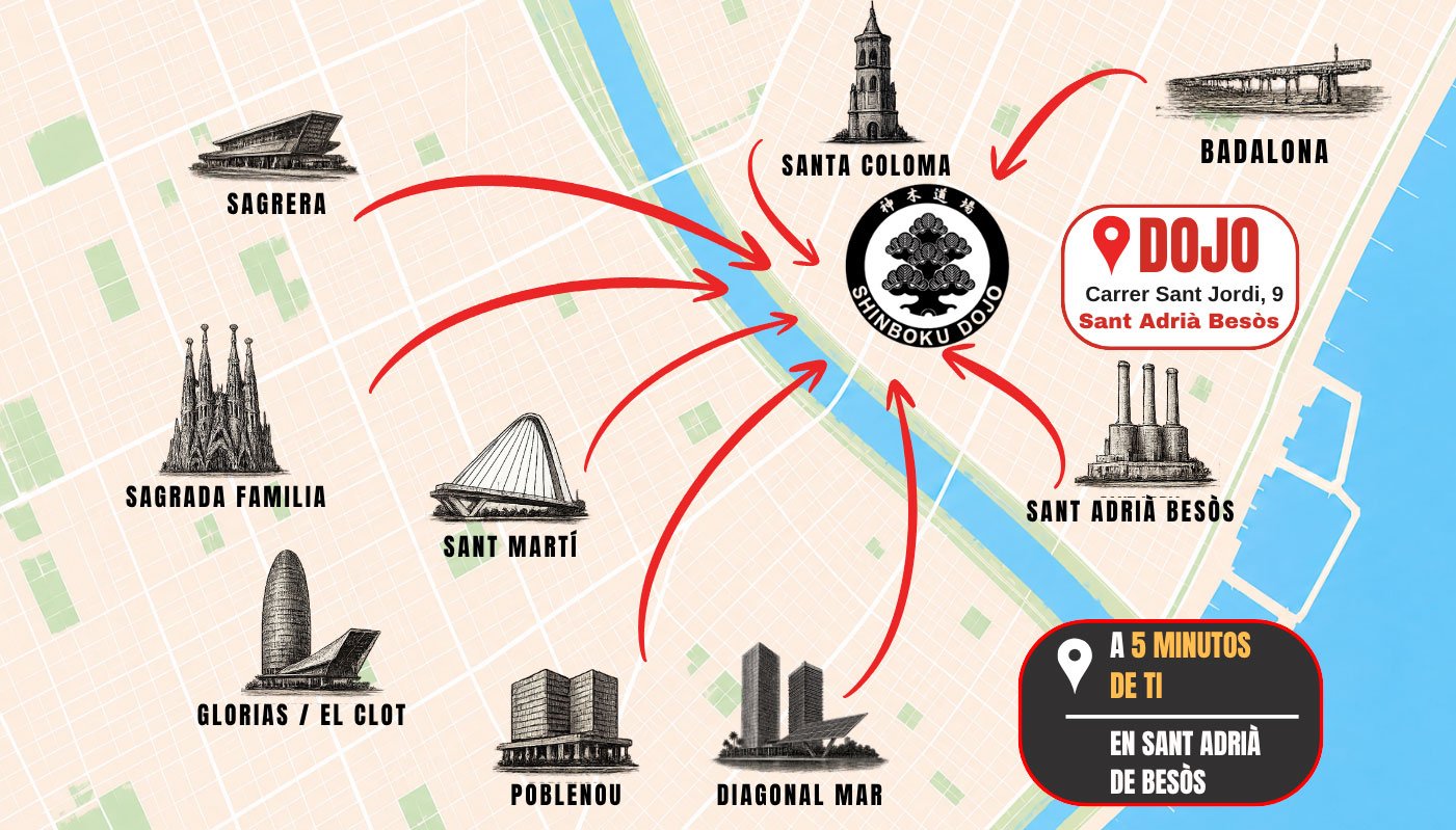 mapa Dojo Sant Adriá cerca de Badalona, Santa Coloma, Sagrera, Sagrada Familia, San Martí, Gloria, El Clot, Poblenou , diagonal Mar